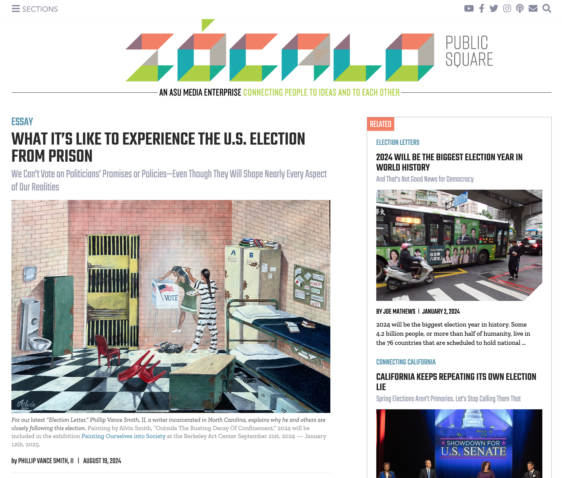 Screenshot of a Zócalo Public Square essay titled “What It’s Like to Experience the U.S. Election From Prison,” featuring Alvin Smith’s painting Outside the Rusting Decay of Confinement (2024).